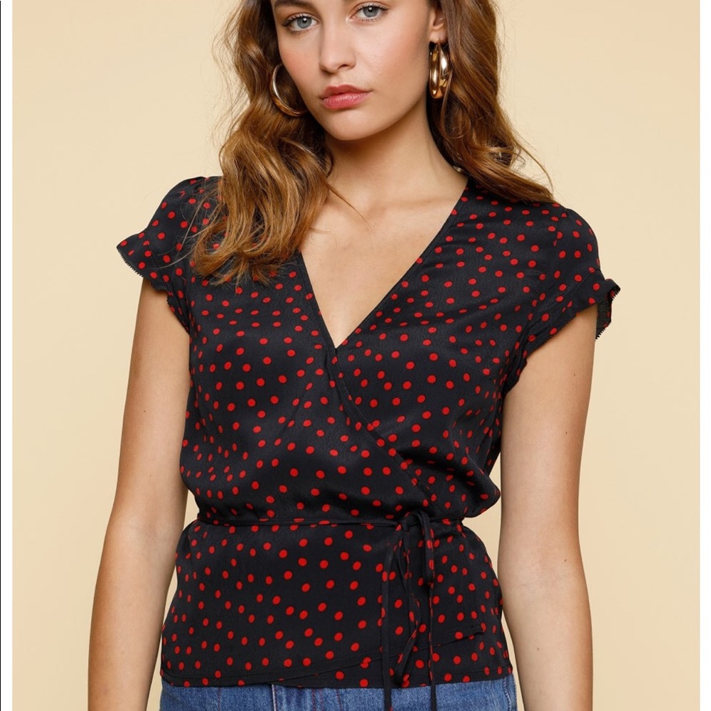 Rouje Lisa wrap top in black with red polka dots - Picture 1 of 2